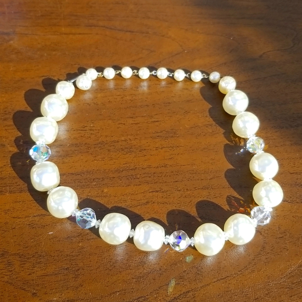 Vintage Chunky Faux Pearl and Aurora Borealis Crystal Choker Necklace